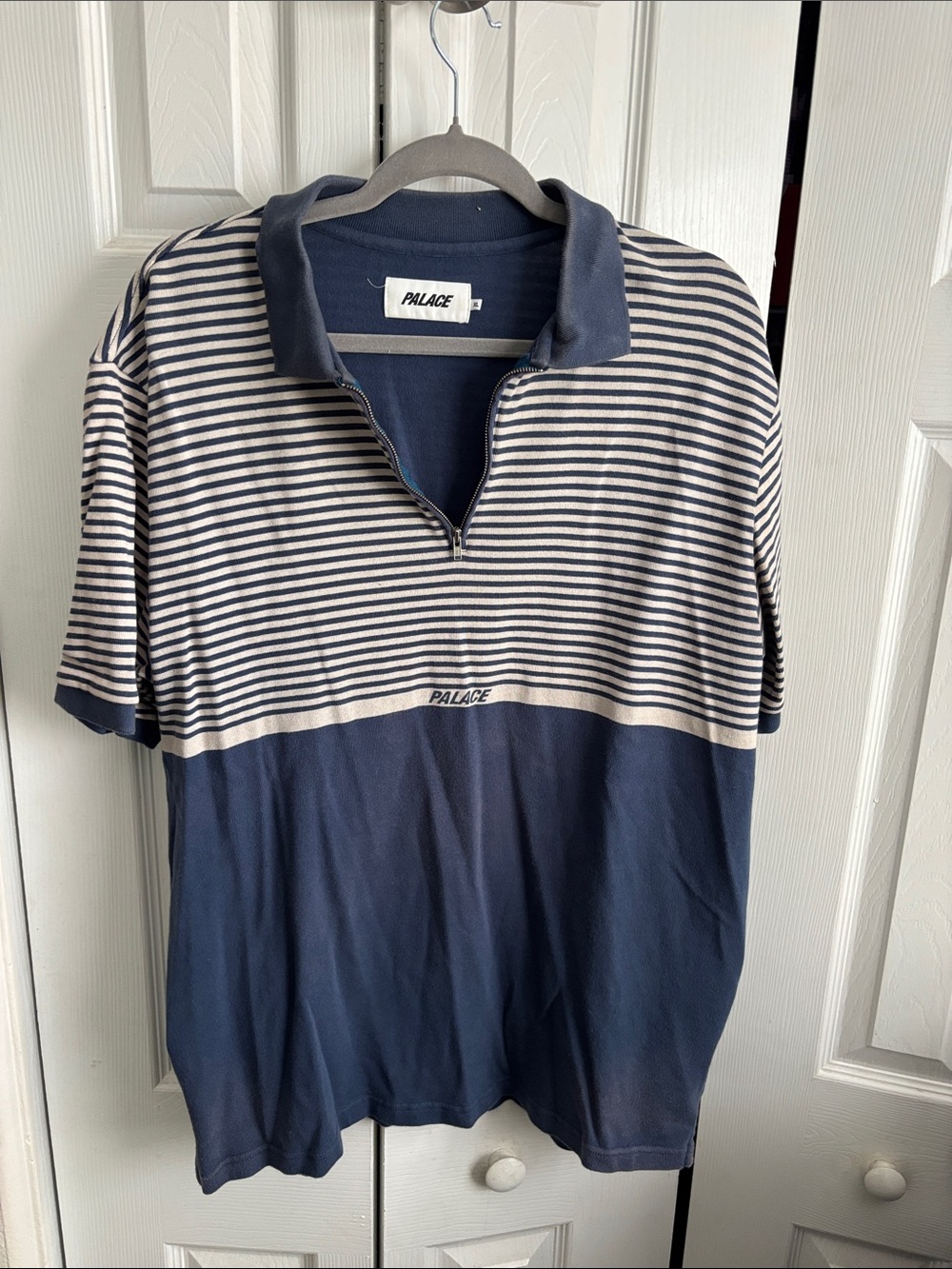 PALACE Navy & White Striped Half-Zip Polo